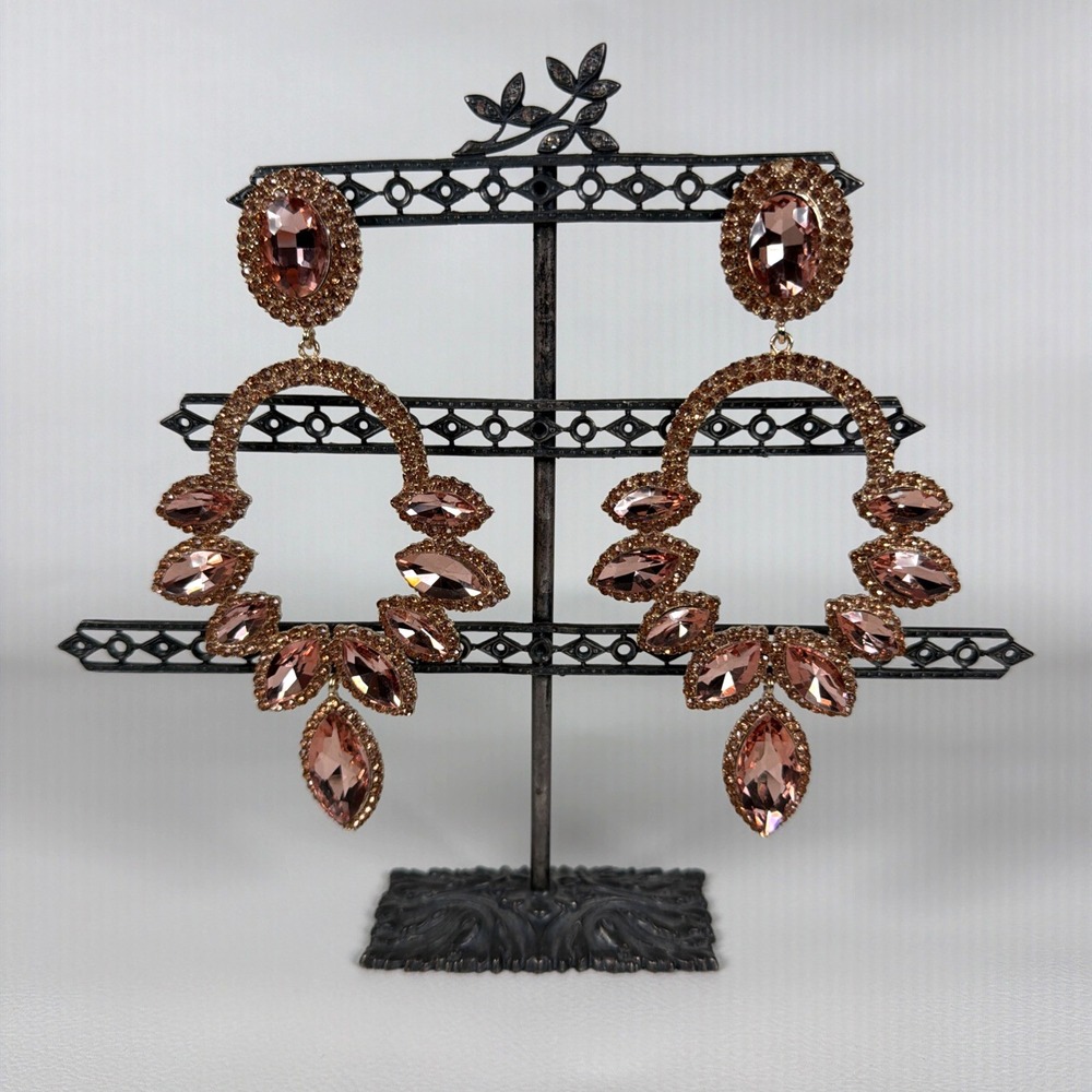 Statement Chandelier Earrings Rose Gold Pink Rhinestone Bridal Prom Pagean